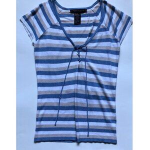 Rampage, Blue, White & Tan Stripe, stretchy, short/cap sleeve top, Size Medium
